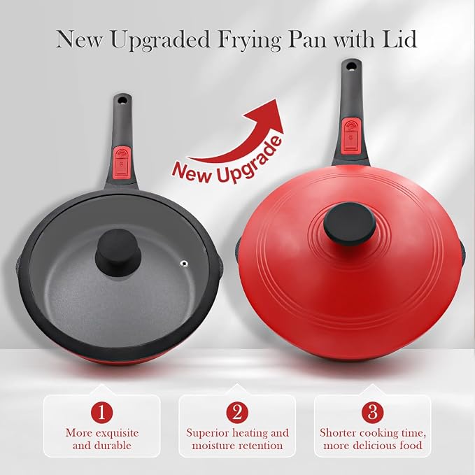 10 Inch Deep Frying Pan Skillet with Lid, Saute Pan Nonstick, Red | Detachable Handle, Suitable for All Stoves, Including Induction, PTFE & PFAS & PFOA Free, Oven Safe