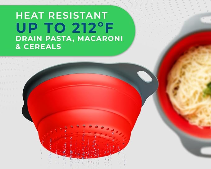Comfify Ultimate Kitchen Strainers Set of 2 - Collapsible Silicone Colanders For Easy Storage - Use with Pasta & Veggies or as a Fruit or Berry Bowl with Strainer - Irreplaceable for Campers - Red | Red; silicone; set of 2 (8" & 9.5"); collapses to 1.2...