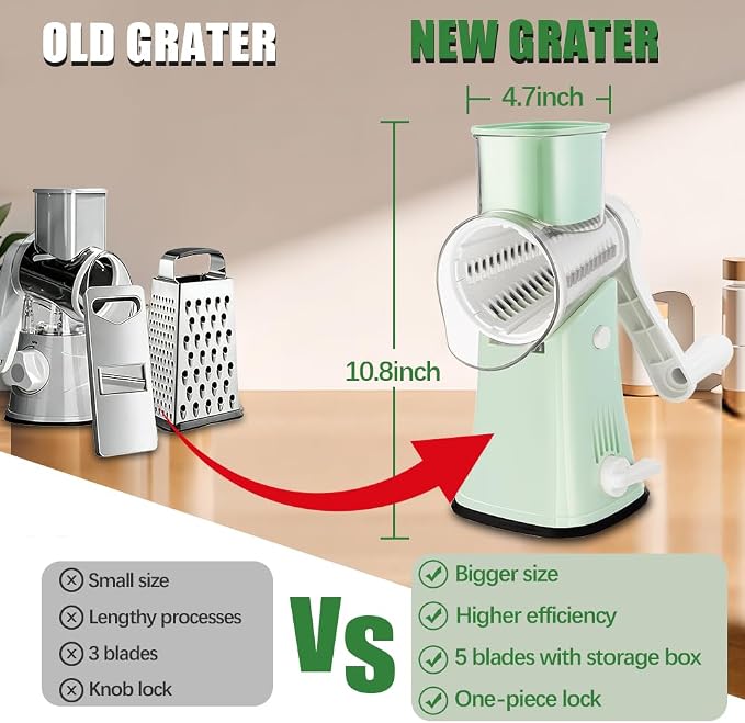 5 in 1 Rotary Cheese Grater Hand Crank, Cheese Shredder with Handle | Replaceable Stainless Blades Cheese Shredder, Cheese Vegetable Slicer, Easy to Clean Kitchen Gadgets with Storage Box