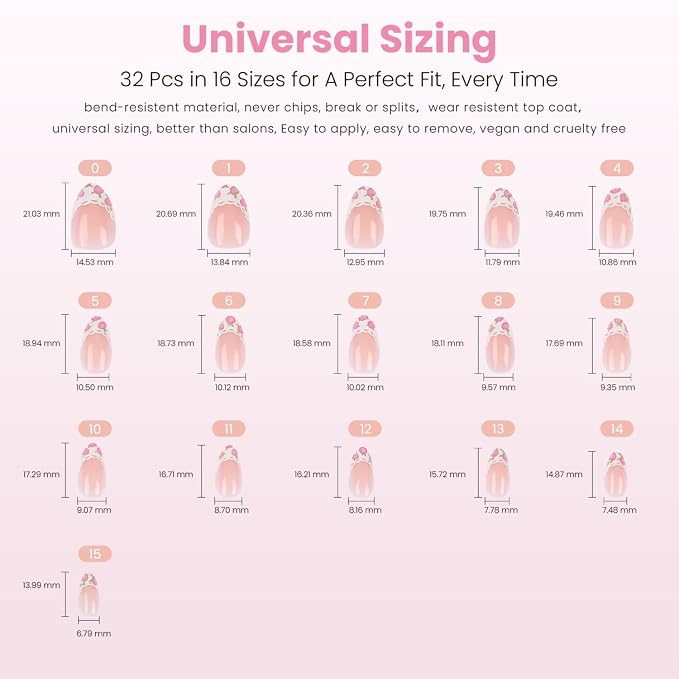 Nail Reformation Press On Nails, Fleur De Lace | Short Almond Fake Nails | with Lace French Tip & Rose Floral on Nude Base in Glossy Finish, Reusable Nails in 16 Sizes - 32 Nail Kit, Gifts for Women