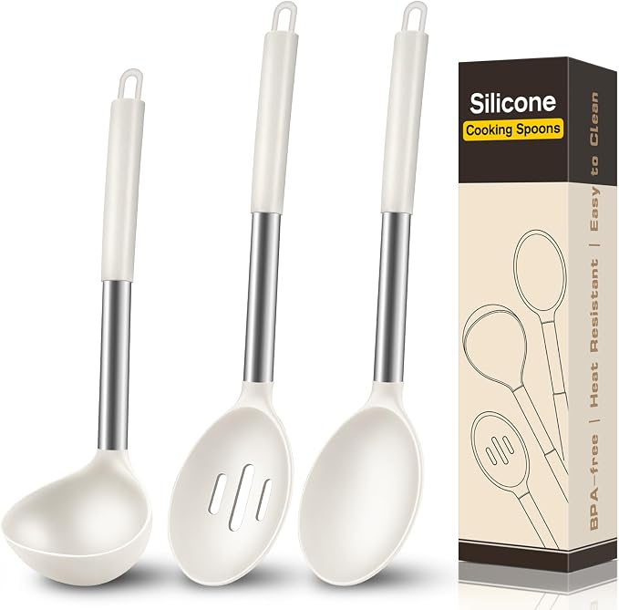 3Pcs Silicone Cooking Spoon Set, Kitchen Utensils Include Solid & Slotted Spoon, Soup Ladle, Food-Grade Heat Resistant 446°F, Non-Scratch Spoons for Serving, Stirring, Draining, Dishwasher Safe, Beige