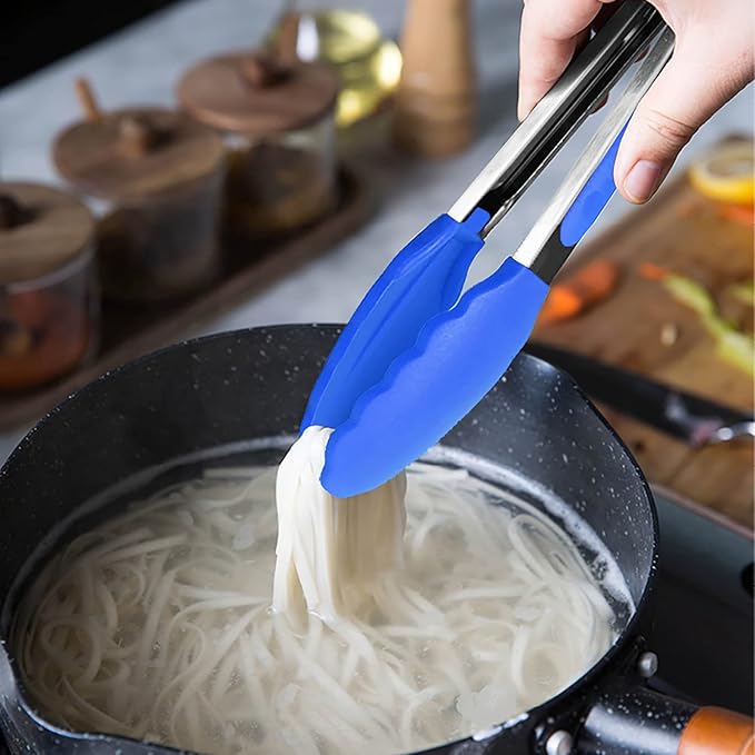 HINMAY Small Tongs with Silicone Tips 7-Inch Serving Tongs, Set of 3 (Blue)