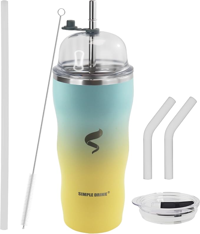 20 oz Insulated Tumbler, Straw and Flat Lids, Yellow Blue | 18/8 stainless steel, double-wall vacuum insulation, BPA-free materials, reusable straw, for everyday hot and cold drinks.