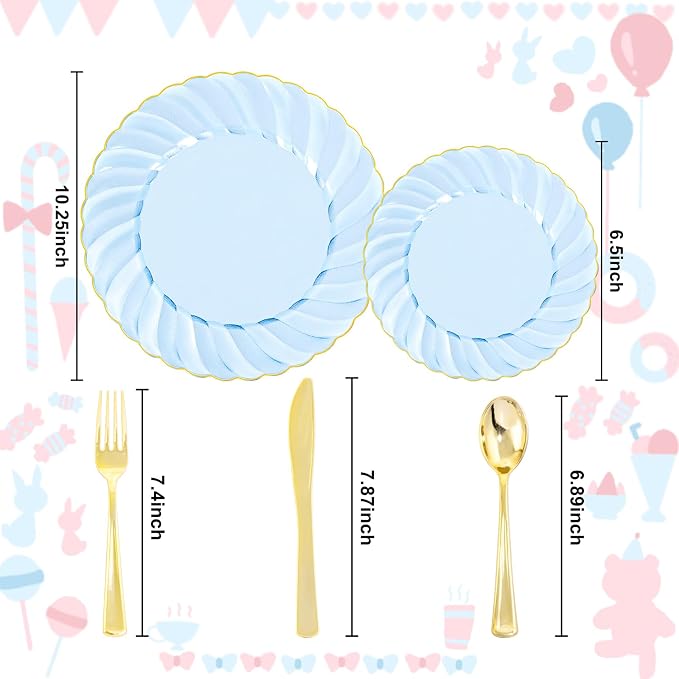 YOUBET 125PCS Clear Blue Gold Plastic Plates - Blue Disposable Plates With Gold Rim Include 25 Dinner Plates 25 Dessert Plates 75 Golden Silverwares for Wedding Birthday & Parties | Clear Blue Disposable Plates With Gold Rim Include 25 Dinner Plates 25...