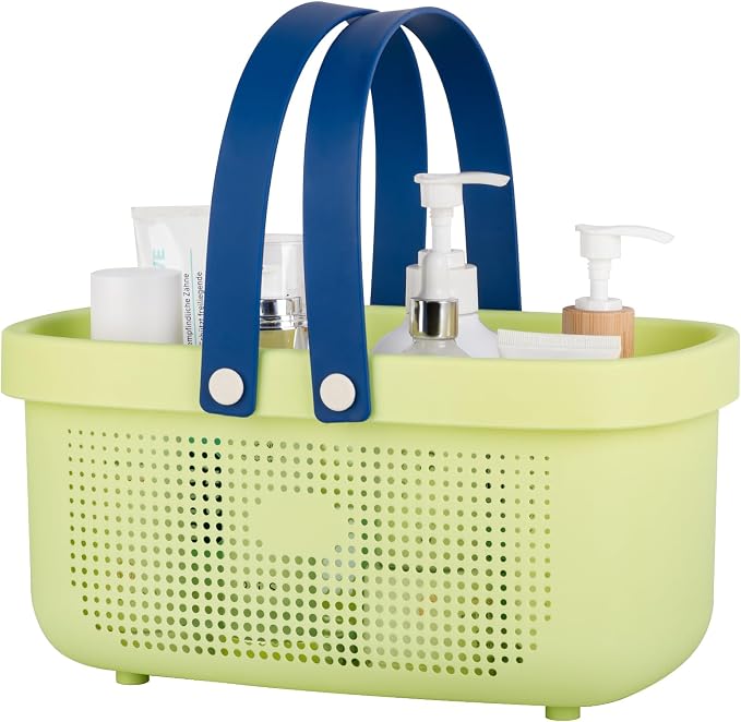 Portable Shower Caddy Basket with Handles Plastic Storage Basket ‌Yellow | Sturdy Drainage Large Capacity Organizer Basket with Silicone Handles for Bathroom Kitchen Bedroom College Dorm Essentials