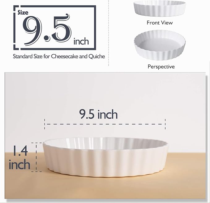 DELLING 9.5 Inch Ceramic Tart Pan Set of 2 - Porcelain Quiche Baking Dish with Fluted Edge, Round Pie Pan for Chicken Pot Pie, Cheesecake, Creme Brulee - White Oven Safe Bakeware