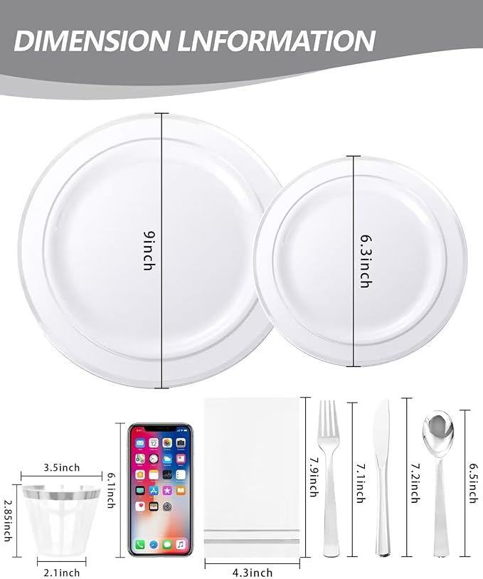 GATHER 700PCS Silver Plastic Plates 100 Guest for Wedding and Party | White and Silver Disposable Dinnerware Sets include 200 Plates, 300 Silverware, 100 Napkins, 100 Cups for Anniversary