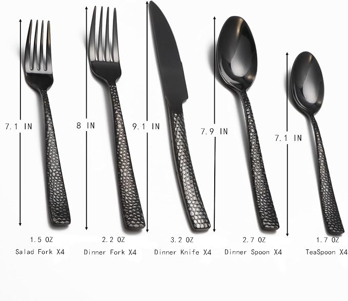 Black Hammered Silverware Set, 20 Piece Stainless Steel Flatware Set for 4, Food-Grade Tableware Cutlery Set for Home Restaurant, Mirror Polished, Dishwasher Safe
