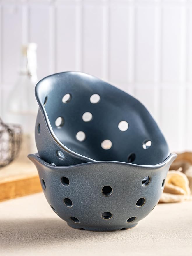 Gomakren Fruit Basket Set of 2, Ceramic Fruit Bowl Berry Basket with Holes, 7.6 Inch Fruit Containers Colander for Fridge - Farmhouse Kitchen Decor, Slate Blue