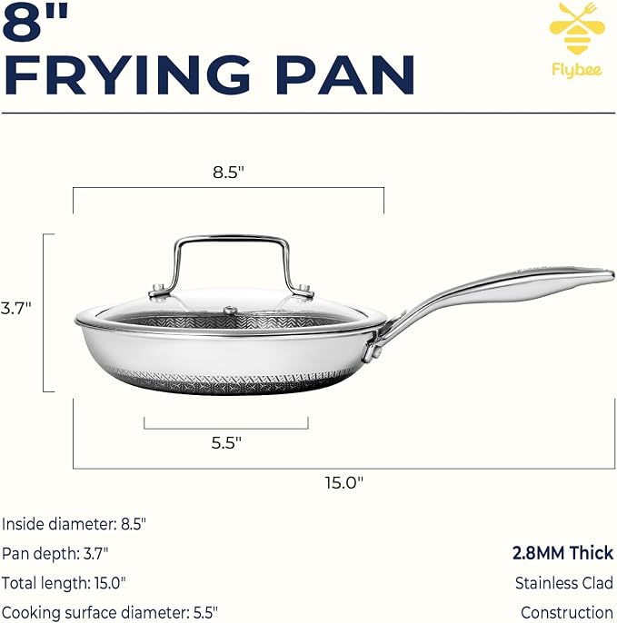 8 Inch Hybrid Nonstick Frying Pan with Lid, Tri-Ply Stainless Steel Pan with Non-Toxic Ceramic Coating, FDA Compliant & PFAS-Free, Dishwasher & Oven Safe, Induction & All Cooktops Compatible