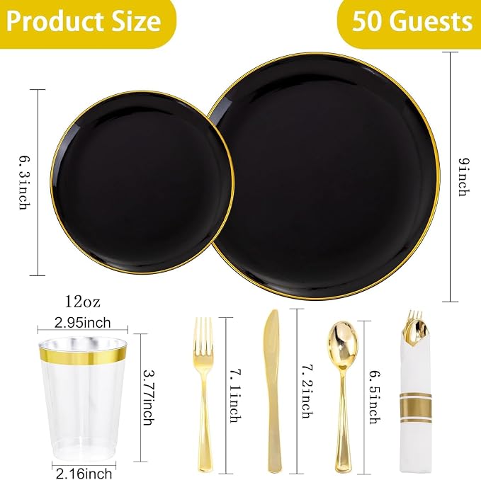 KIRE 350 PCS Black and Gold Plastic Plates - Plastic Dinnerware for Wedding | Include 100PCS Black Disposable Plates, 50PCSPre Rolled Napkins with Silverware & 50PCS Cups for Party/Halloween/New Year