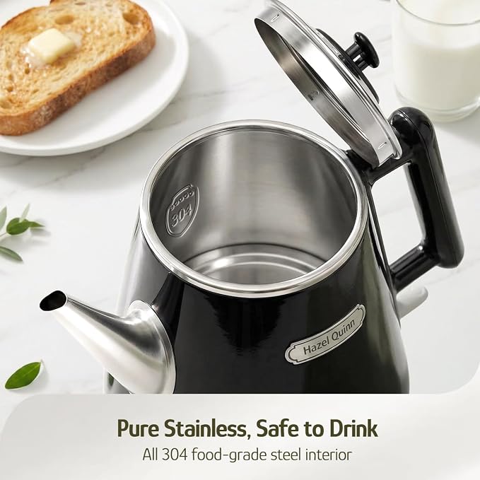 Hazel Quinn Electric Kettle, 1L/34oz Small Tea Kettle - Jet Black | 800W Fast Boil, 304 Stainless Steel Interior, Double-Wall Cool Touch, Gooseneck Spout, Auto Shut-Off, BPA-Free Cordless, Home