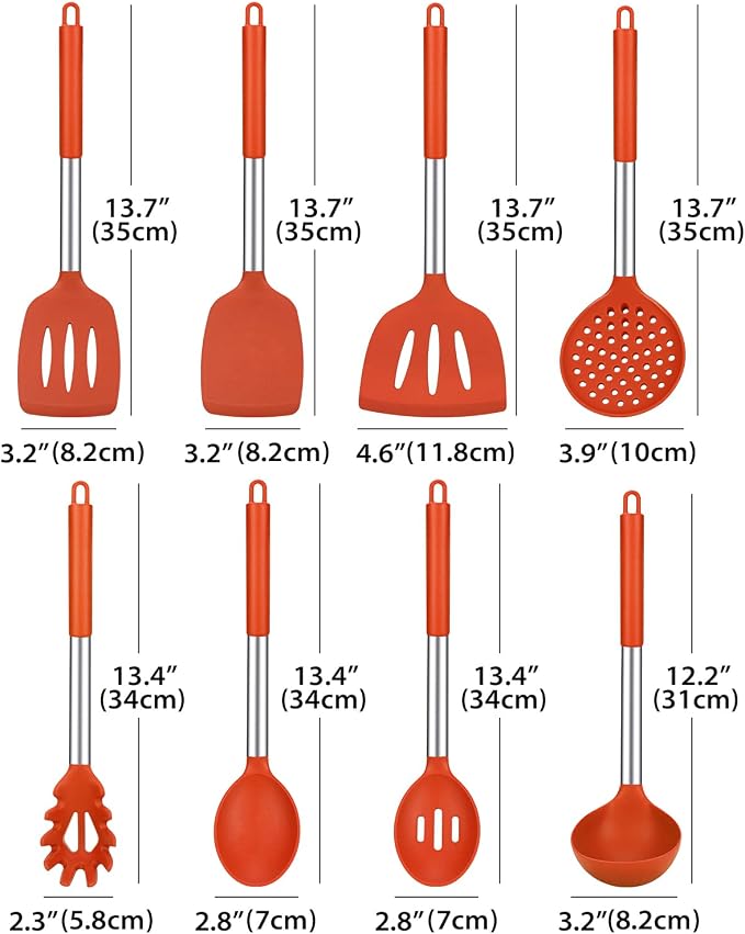Silicone Cooking Utensils Set, 8 Pcs Kitchen Utensils with Holder, Red | BPA Free and Heat Resistant, Kitchen Tools for Non Stick Cookware include Spatulas, Turners, Spoons, Skimmer and Pasta Fork