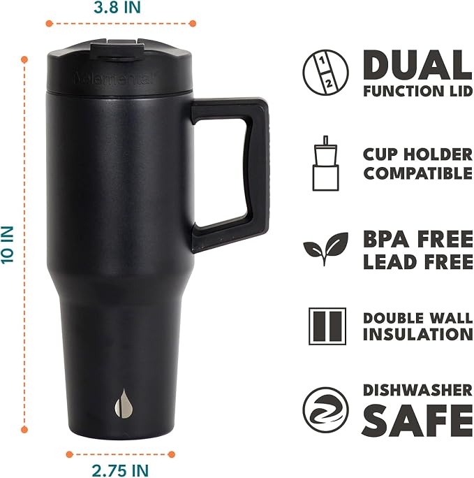 Elemental 100% Leak Proof 32oz Tumbler with Handle & Straw Travel Mug | Stainless Steel Double Wall Insulated Tumbler for Hot and Cold Beverages with Sip & Straw Lid