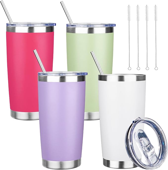 20 oz Tumbler with Lids and Straws, Stainless Steel Insulated Travel Coffee Mug, Double Wall Vacuum Insulated Tumblers, Powder Coated Coffee Tumbler for Cold & Hot Drinks (Mix Color-4, 4 Pack)