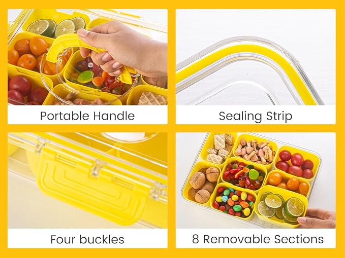 Dingerjar Divided Serving Tray with Lid and Handle - Snackle Box Charcuterie Container for Portable Snack Platters Organizer for Candy, Fruits, Nuts, Snacks - Perfect for Party, Entertaining, Yellow