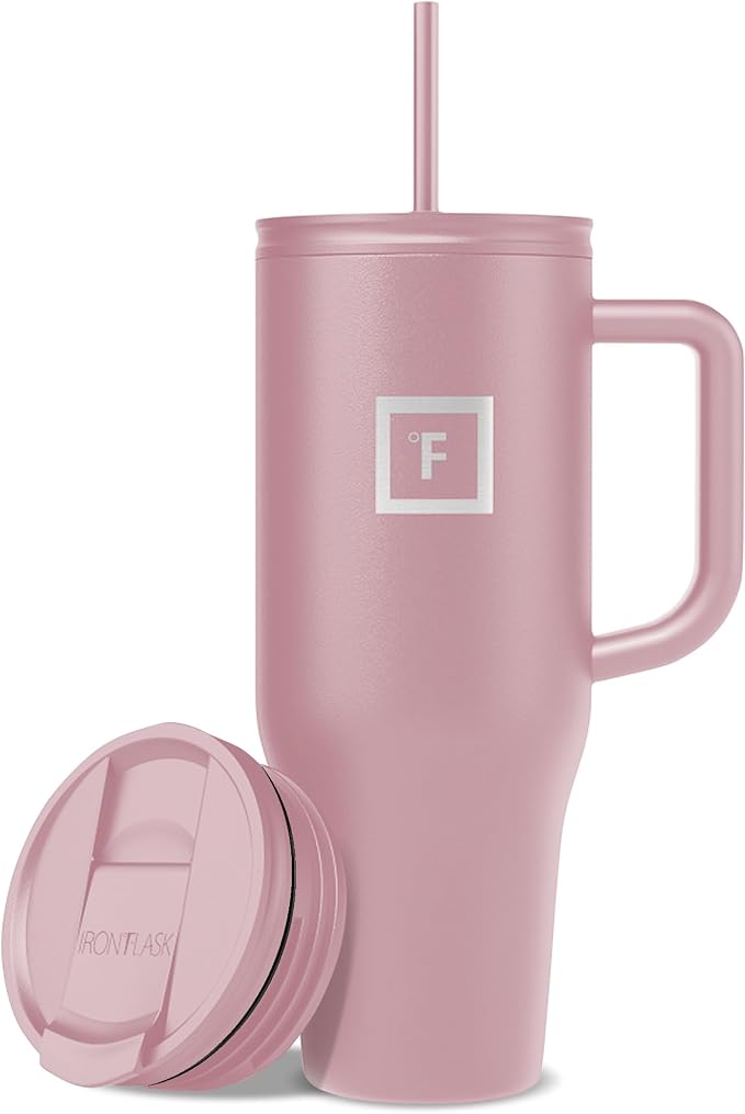 IRON °FLASK 40 oz Co-Pilot Insulated Travel Mug | Insulated Travel Mug with Straw & Flip Cap Lids - Cup Holder Fit, Leakproof, BPA Free (Cosmetic Pink)