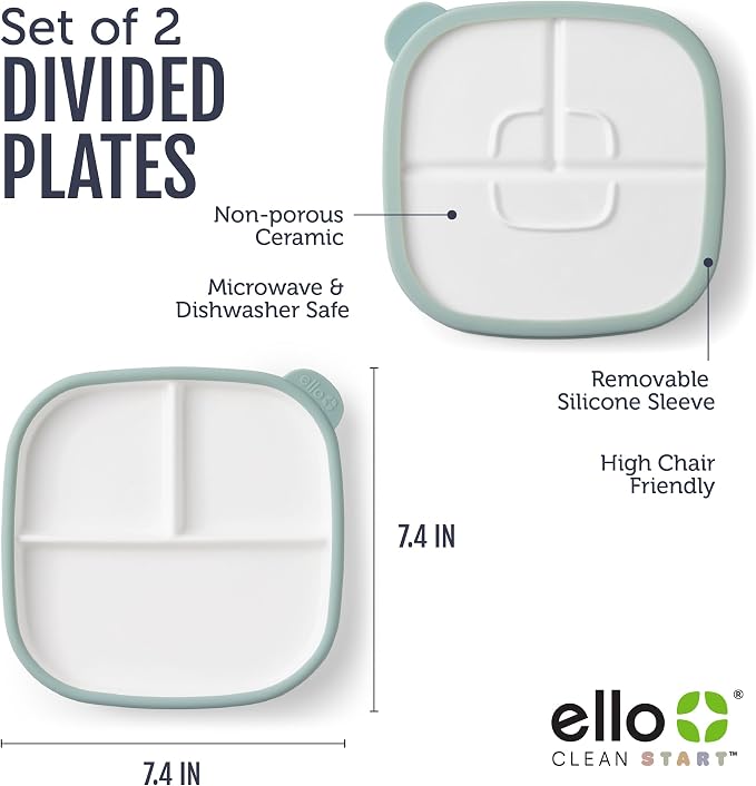 Ello Clean Start Ceramic Toddler Divided Plates, 2 Pack, Dewdrop/Sugarplum | Porcelain toddler tableware for meals and snacks with silicone sleeves, microwave safe, dishwasher safe, and BPA-free