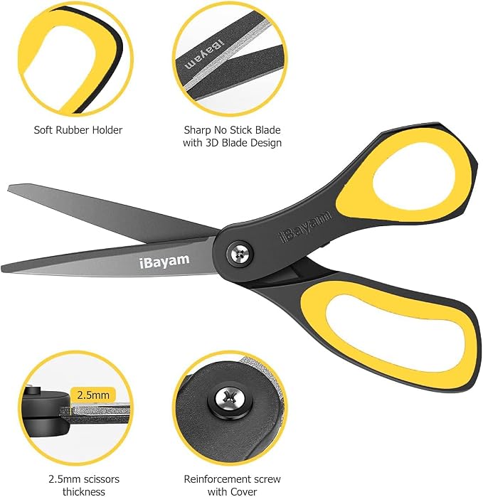 iBayam 8.5" All Purpose Nonstick Scissors, Titanium Scissors for Kids Craft | 2.5mm Blade| Comfort Grip Right/Left Handles| Multipurpose | Cutting Tape, Glue, Adhesive Labels, Paper Fabric