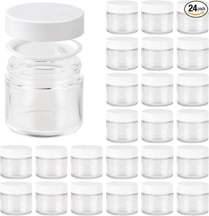 2oz Jars with Lids, Hoa Kinh 24 Pack Clear Cosmetic Glass Jars with Lids | Empty Cosmetic Containers Round Airtight Glass Jar with Inner Liners and Lid for Storing Lotions, Powders, and Ointments