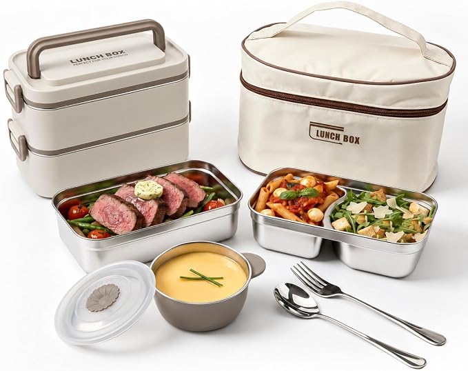 Kabbas 18/8 Stainless Steel Bento Box for Kids & Women – 66 Oz Leakproof Lunch Containers for Adults, 2Layers Stackable Metal Lunch Box with Cutlery & Insulated Bag – Ideal for Work, School, Picnic