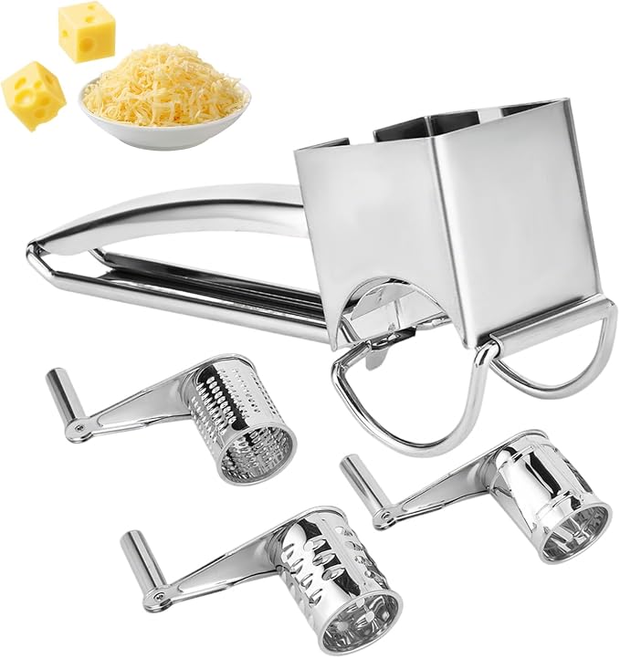 Stainless Steel Single Drum Rotary Cheese Grater, Multipurpose Rotary Cheese Grater with 3 Different Rotatable Drums for Parmesan, Mozzerella, Vegetables and More