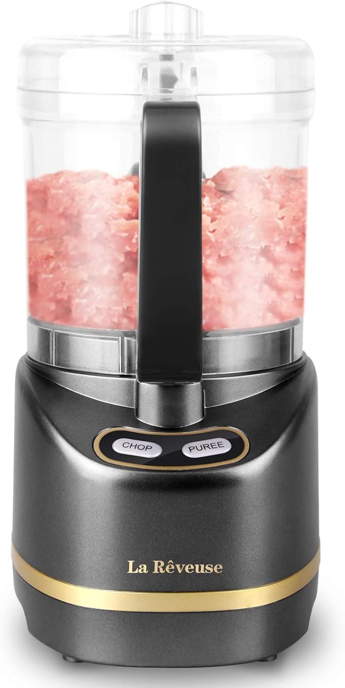 La Reveuse 2 Cup Mini Food Processor, Electric Chopper Small, Metallic Grey | for Mincing, Chopping, Grinding, Blending, Puree, 2 Pulse Speeds, Dishwasher Safe, (1) Spatula Included, 200 Watts, LARB1814B