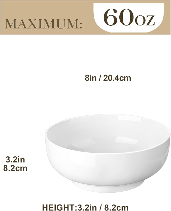 MALACASA Large Serving Bowls, 60 OZ (8") White Salad Bowls Set of 2 | Ceramic Bowls for Kitchen, Soup, Pasta, Dinner, Porcelain Bowls Set for Entertaining, Microwave & Dishwasher Safe