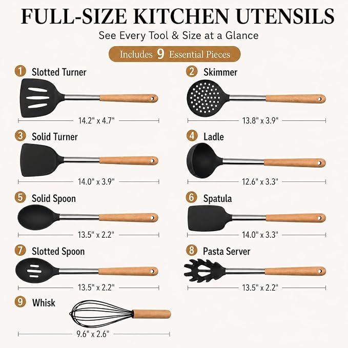 Silicone Kitchen Utensils Set, 9 Pcs Full-Size Non-Toxic Cooking Utensils with Wooden Handles & Stainless Steel Core, Heat Resistant Food Grade Kitchen Gadgets for Nonstick Cookware