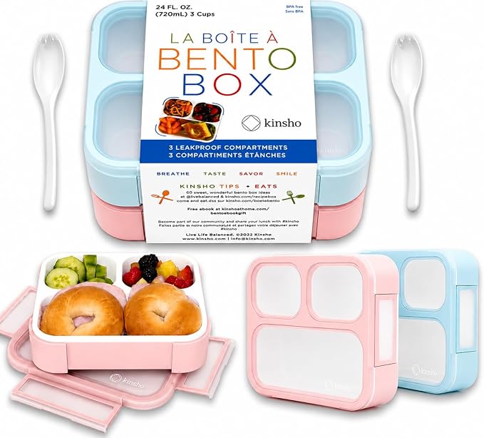 kinsho Medium Bento Boxes for Kids, Lunch Box for Boys Girls Toddler Adults, Leak-Proof 3 Compartment Containers for Meal or Snack at School Daycare Work Travel, BPA Free 2 Pack (Pastel Blue + Pink)