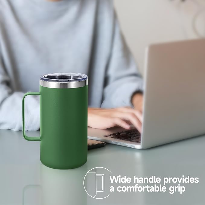 Volhoply 22oz Insulated Stainless Steel Coffee Mug with Leakproof Lid,Double Wall Vacuum Travel Coffee Cup with Handle,Reusable Metal Tumbler,Camping Mugs Keep Hot&Cold(Army Green,1)