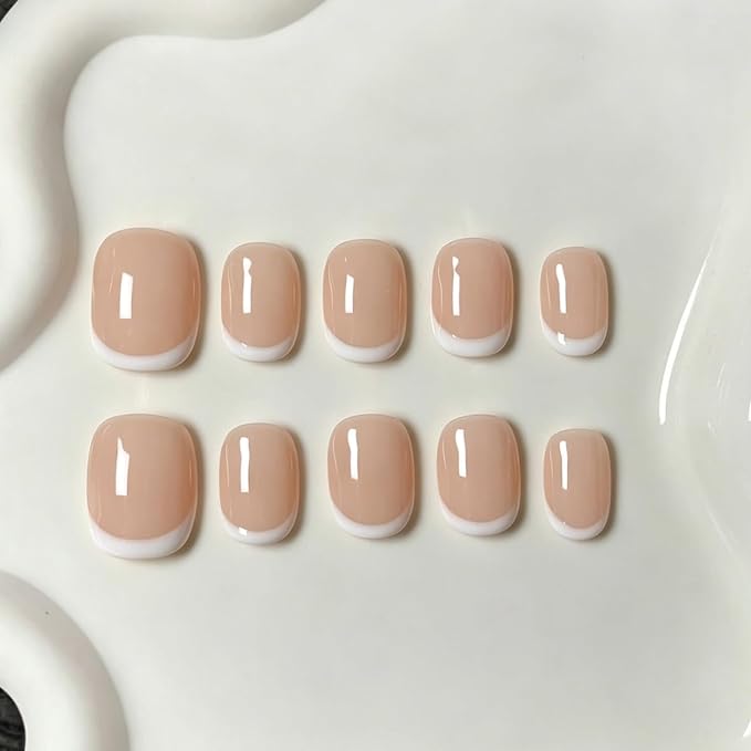 Handmade Press on Nails Short Almond Nude White French Tip Fake Nails Glossy Full Cover Muti-Layer Gel Acrylic Nail Natural & Elegant Style Thick False Nail Solid Color Stick on Nails for Women (M)