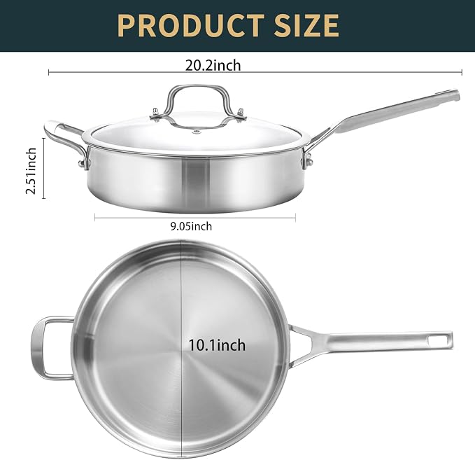 Yeksum 3-Quart Saute Pan with Lid | 10-Inch 3-Ply 18/10 Stainless Steel Deep Fry Pan & Large Skillet, Healthy Non-Toxic Cookware, Oven Safe 600°F & Dishwasher Safe