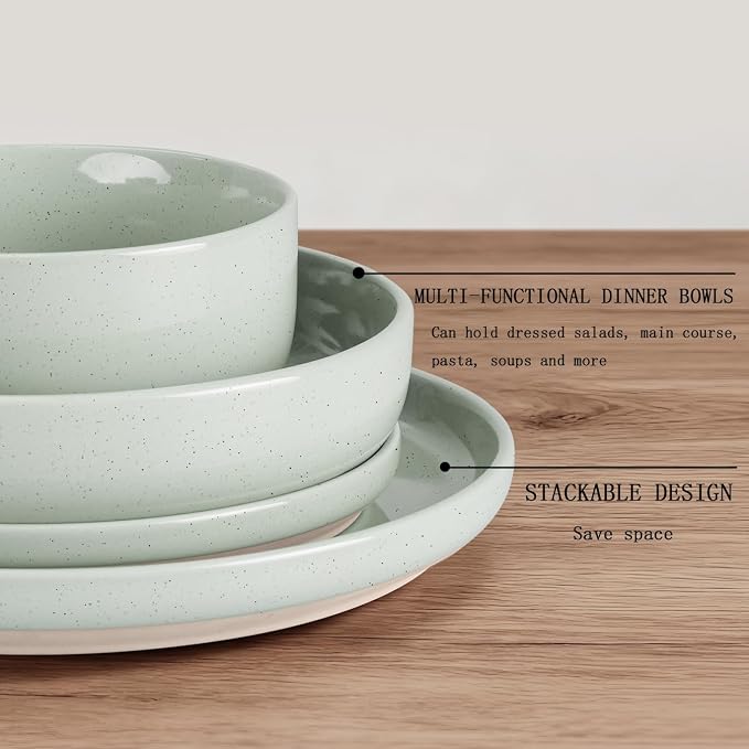 HaWare 16-Piece Plates and Bowls Set for 4, Stoneware Dinnerware Sets with Pasta Bowl, Dishes Set for Home Restaurant, Speckled Asparagus Green