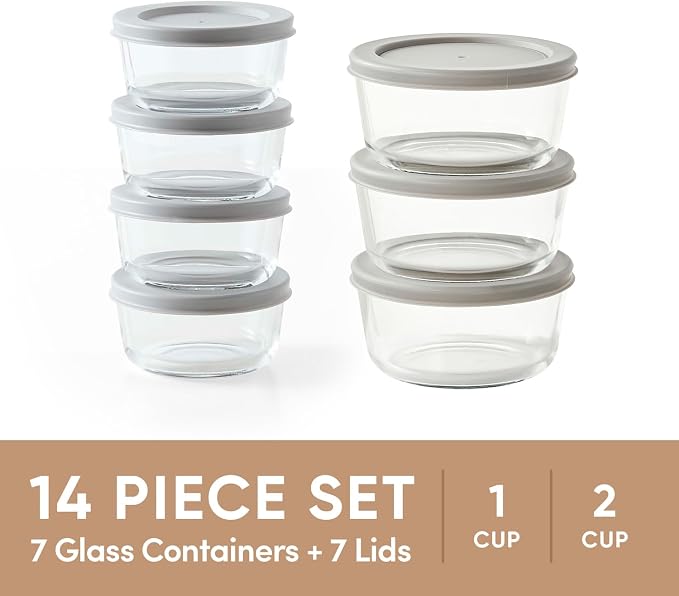 14-Piece Glass Food Storage Containers Set (7 Containers + 7 BPA-Free Lids) | 1-Cup & 2-Cup, Leakproof | Microwave, Freezer, Oven & Dishwasher Safe | Ideal for Meal Prep & Pantry Organization, Grey