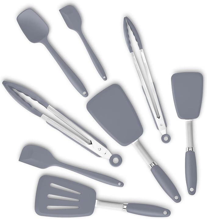 5-Piece Silicone Spatulas Set with Tongs, 446°F Heat Resistant, Grey | Steel-core Utensils, Nonstick-safe Silicone Turners and Tongs for Flipping, Grilling, Mixing and Baking, Dishwasher Safe