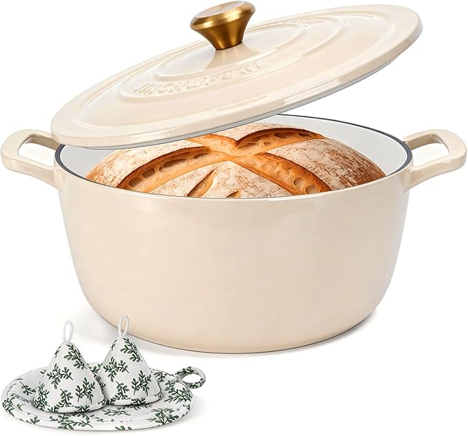Enameled Cast Iron Dutch Oven 5.2 Qt with Lid, Cream | For Sourdough Bread, Stews & Roasts, Oven Safe to 500F, Works on Gas, Electric & Induction Stovetops.