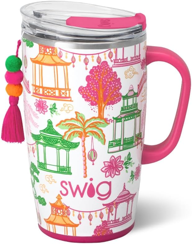 Swig Life 18oz Insulated Travel Mug with Handle & Lid, Pagoda Paradise | Triple Insulated Stainless Steel - Handle & Lid Included - Keeps Coffee Hot or Cold - Cup Holder Friendly