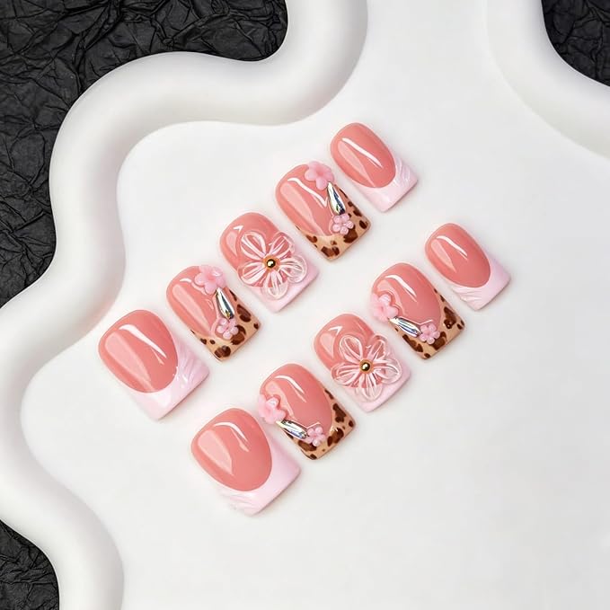 Flower Press on Nails Handmade 3D Pink Flower Designs Leopard Print French Tip Acrylic Nails Luxury Homemade Press on Nail Art Salon Quality Short Square Fake Nails for Women (M)