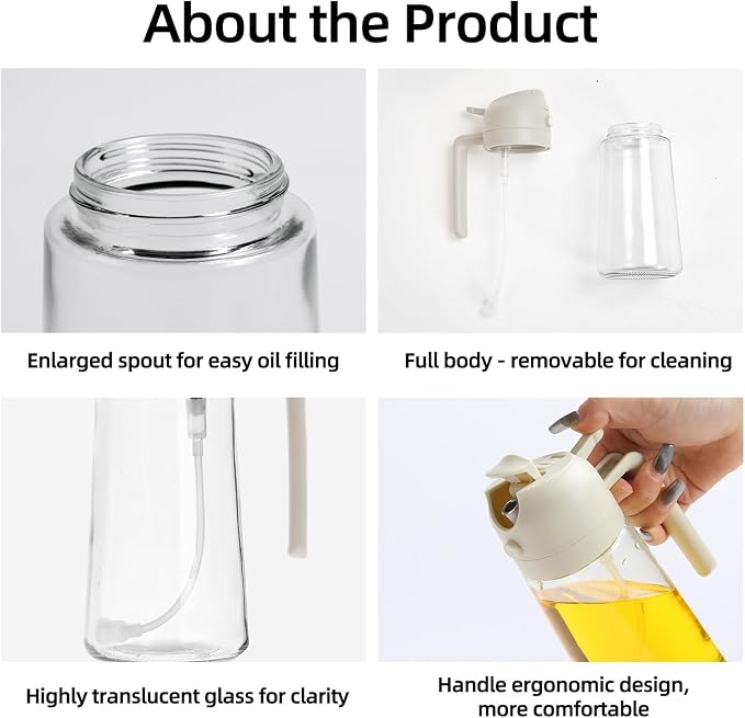 Aovdy 16oz/470ml Glass Olive Oil Sprayer for Cooking - 2 in 1 Olive Oil Dispenser Bottle Spray and Pour for Kitchen Gadgets Cooking Air Fryer Salad BBQ (White)