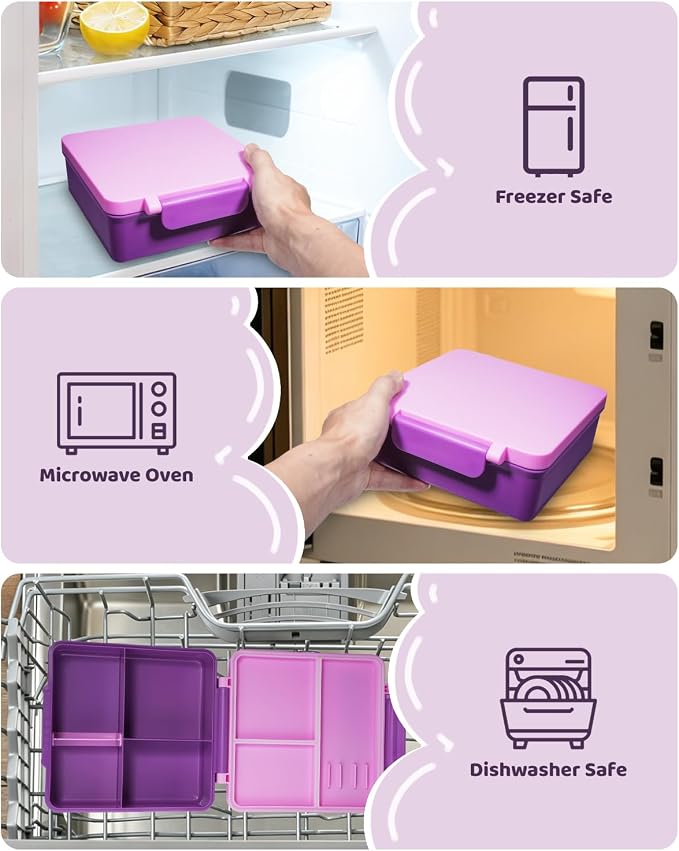 SOHIDA Bento Box with 10oz Soup Thermo: Kids Leakproof Lunch Box with 3 Compartments - Dishwasher Safe and BPA-Free - Vacuum Insulated Food Jar Suitable for Kids Back to School, Travel - Purple