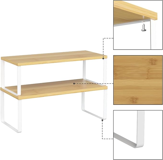 NEX Kitchen Cabinet and Counter Shelf Organizer, Stackable & Expandable, Set of 4, White and Natural - 7.7 x 15.6 x 6.2'' | Stackable Expandable Spice Rack, Space-Saving Pantry Organizers Bathroom Countertop Storage, White and Natural