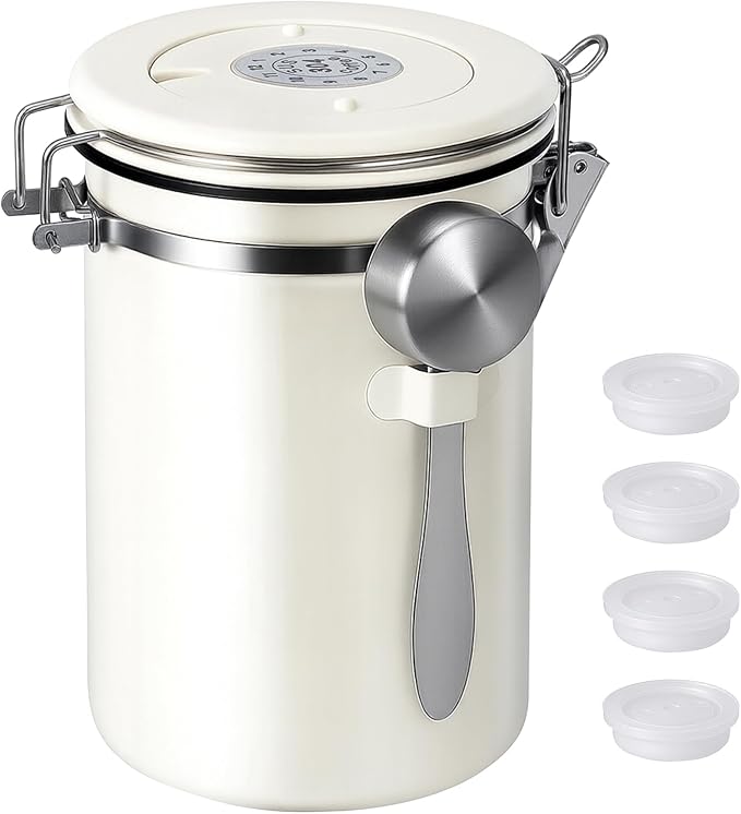 Kirecoo 22OZ Airtight Stainless Steel Coffee Canister with Date Tracker | With Measuring Scoop, Food Grade Safe, For Coffee Beans & Grounds, Multi-Use for Cereal Sugar Tea Flour, Ideal Kitchen Gift