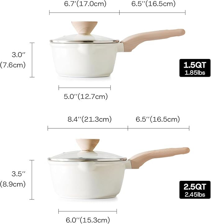 Kordisen Sauce Pan Set with Lid, 1.5Qt & 2.5 Qt Nonstick Cooking Pots with Pour Spout, Easy to Clean, Small Kitchen Induction Saucepan with Ceramic Coating, PFOA/PFOS Free (Cream)