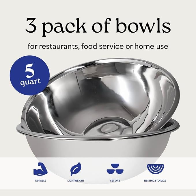 5 Quart Large Stainless Steel Mixing Bowls Set, 3-Pack, Nesting Bowls | Extra Large Commercial Grade Metal Bowls for Meal Prep, Baking, Serving, Food Storage. Rustproof & Dishwasher Safe