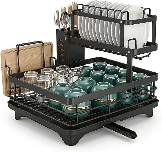2-Tier Dish Drying Rack for Kitchen Counter, Large Capacity Dish Drainer with Swivel Spout, Rust-Proof Carbon Steel Utensil Holder and Cutting Board Rack, Easy No-Tool Assembly