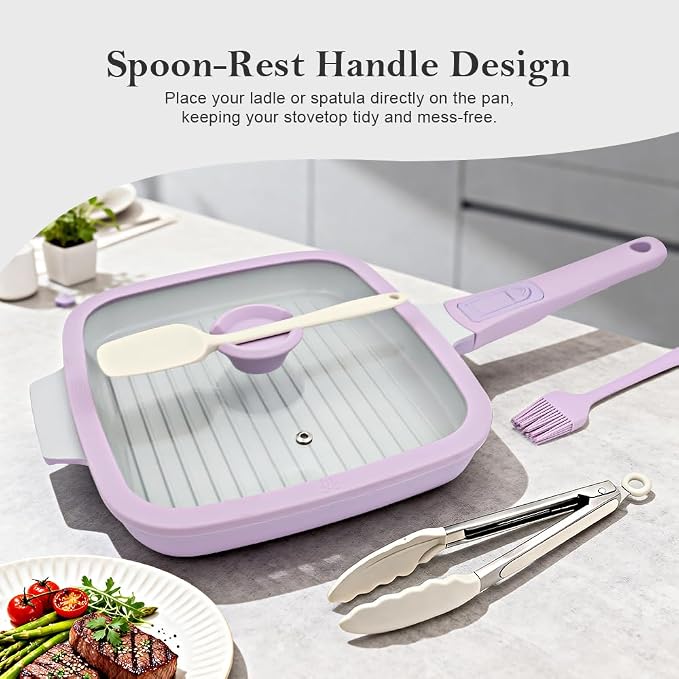 RANX INGST Nonstick Ceramic Griddle Pan with Lid, 10 Inch Steak Pan- Purple | Detachable Handle Induction Compatible