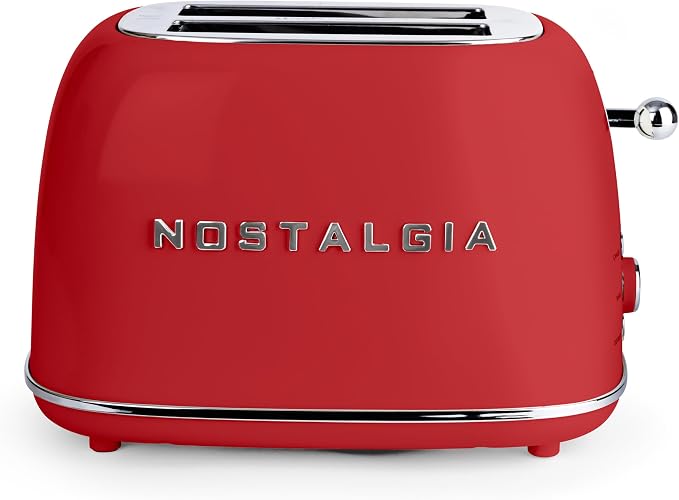 Nostalgia Classic Retro 2-Slice Toaster- Vintage Design- Enamel Coated Steel Body- Wide Slots for all Breads- Crumb Tray, Cord Storage- Defrost,Cancel and Bagel Function & 6 Toasting Levels- Red