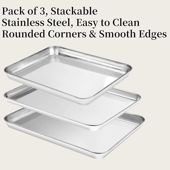 Baking Sheet Set of 3, Stainless Steel Baking Pans, 12/16/17.5 Inch | Heavy-Duty Cookie Sheets Cooking Trays for Oven, 3 Different Sizes