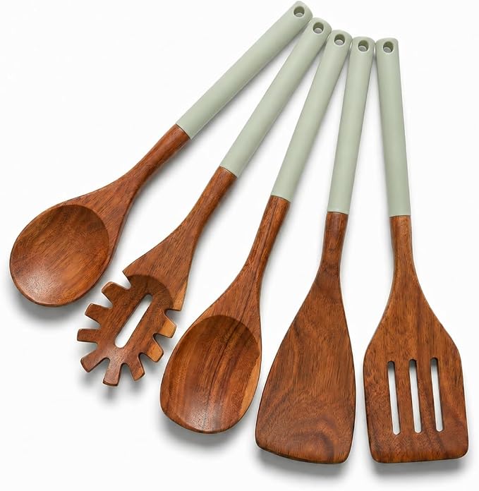 DI ORO Wooden Kitchen Utensil Set - 5 Pc Spoon & Spatula, Sage | Won't scratch nonstick pots and pans; Natural hardwood, easy to hand wash; For cooking, serving, stirring, and turning
